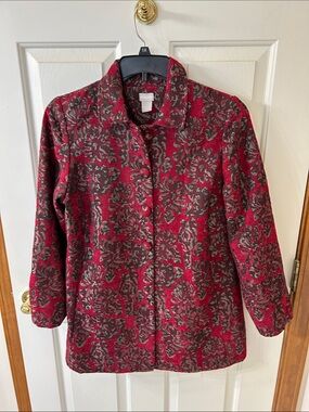Chico's Red and Gray Floral Jacquard Tunic Jacket